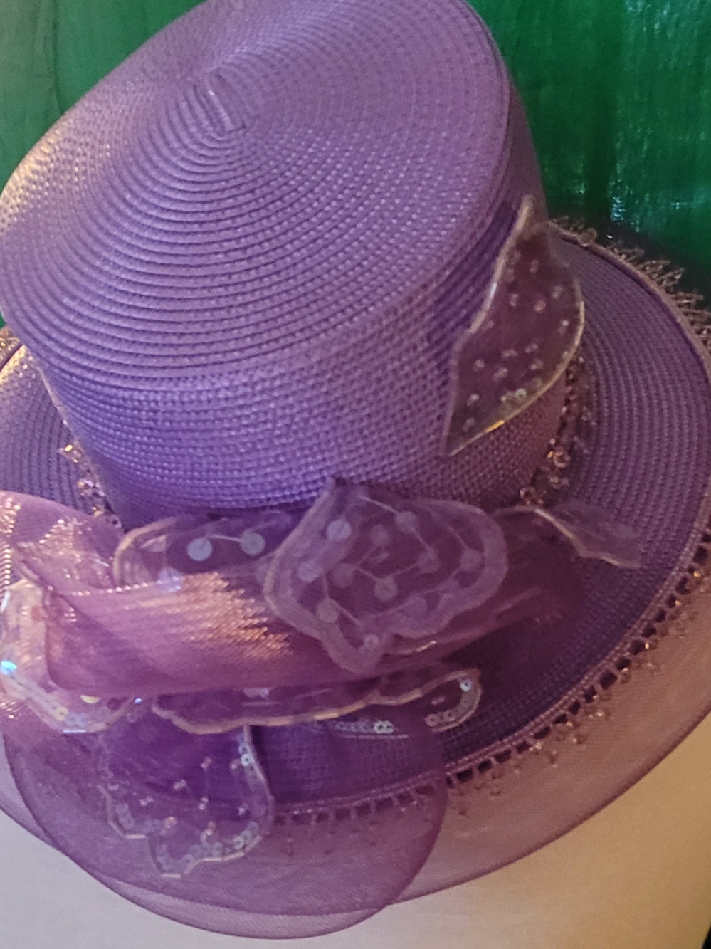 Women's Purple Decorative Church Hat with Floral Organza Trim